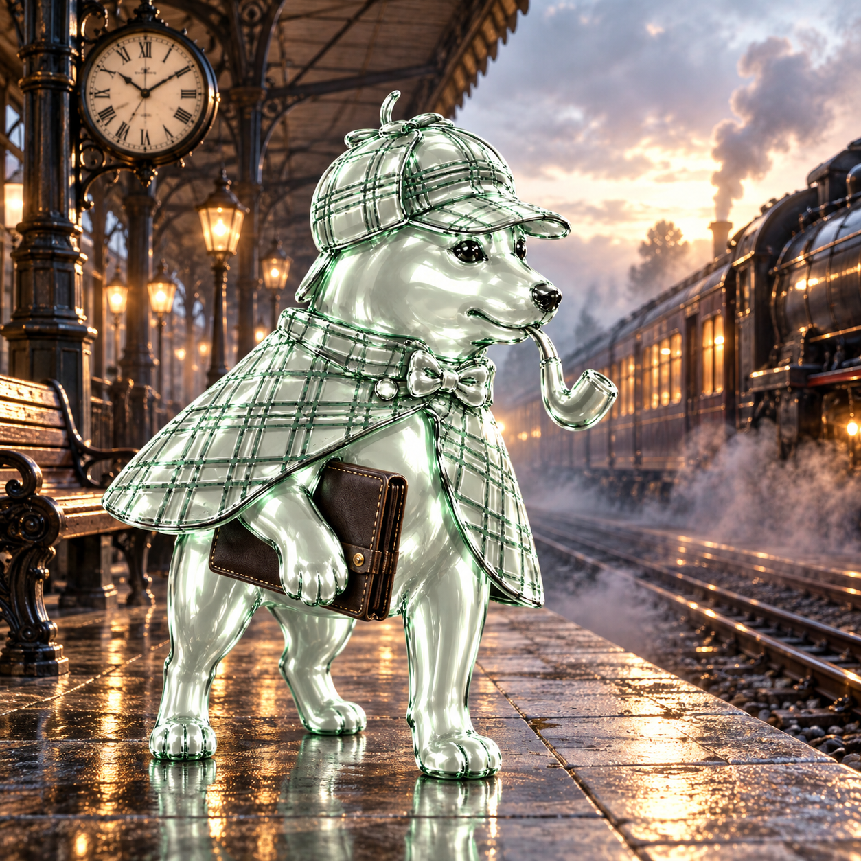 DOGPONS waits for a train with his pipe and briefcase