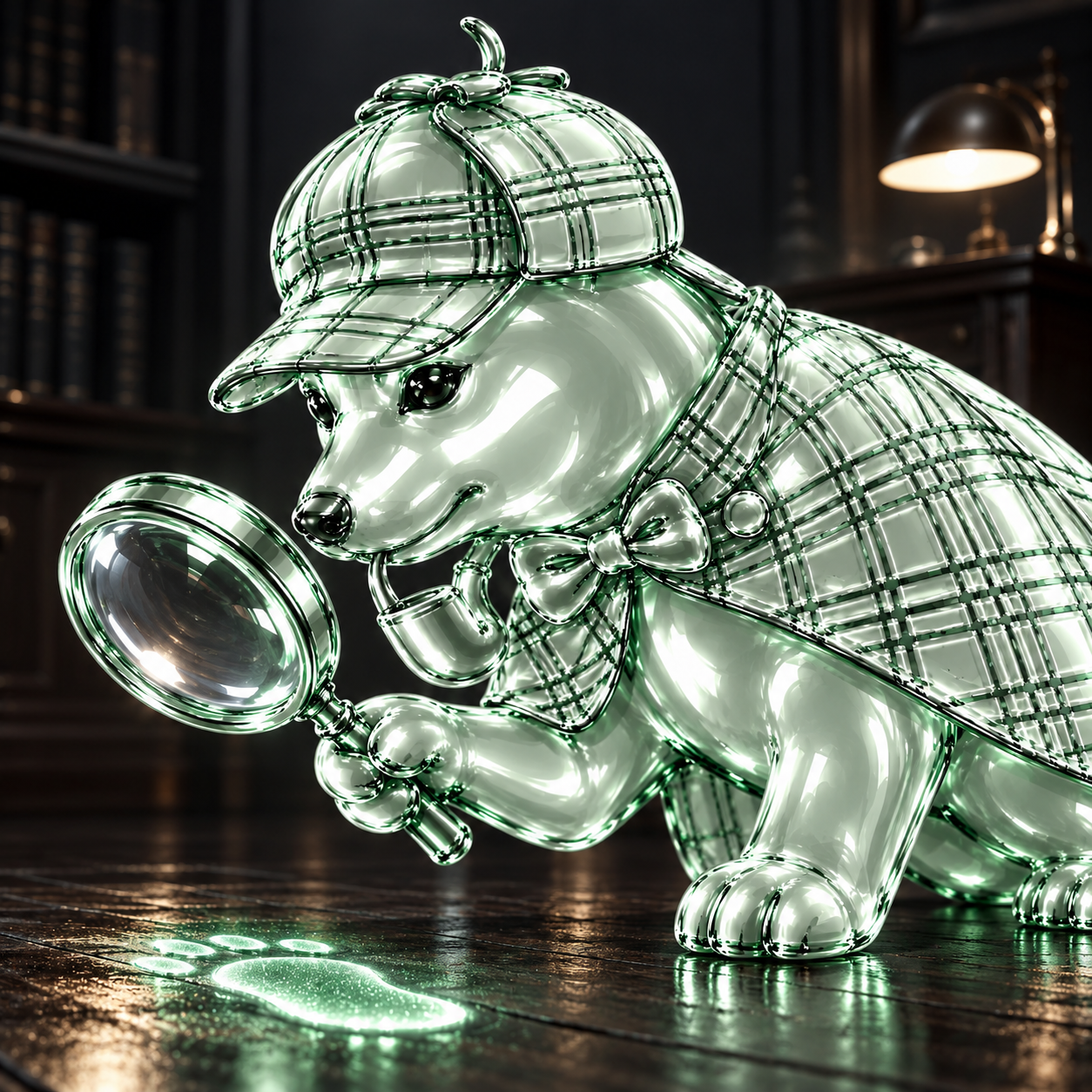 DOGPONS inspects a glowing pawprint through a magnifying glass